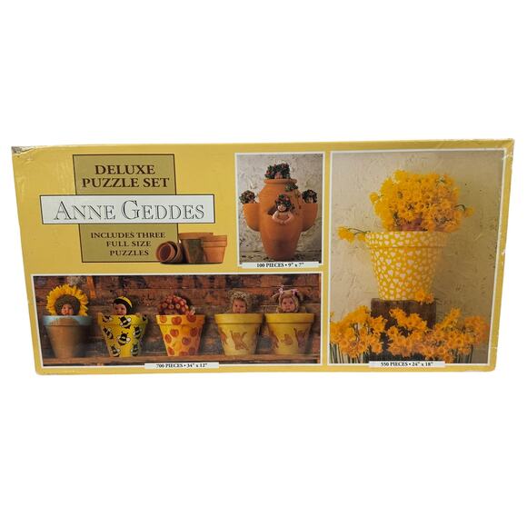 Anne Geddes 3 Deluxe Puzzles Babies Flowers Pot Daffodil Strawberries Sunflower - Picture 1 of 8